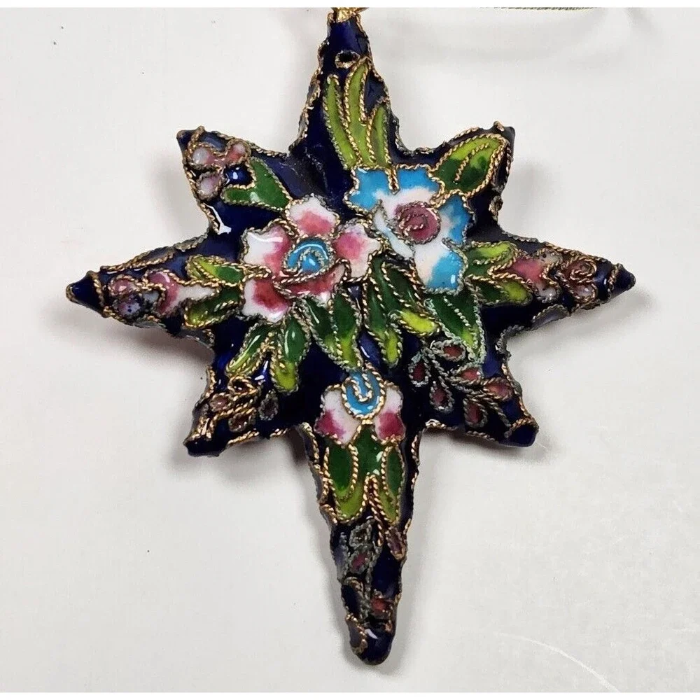 Cloisonne Star Ornament Christmas Discovery Store Blue Floral 3.5 inch Tag